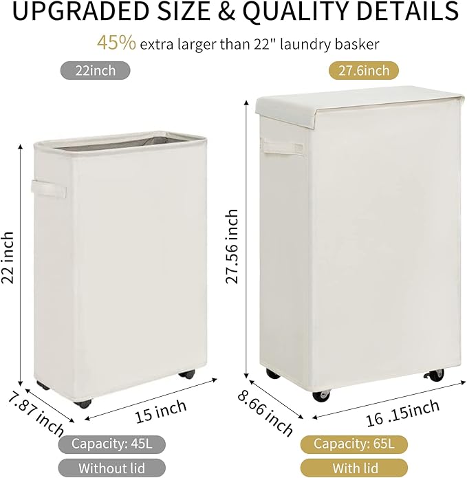 Chrislley 65L Slim Laundry Hamper with Lid Narrow Rolling Laundry Basket with Wheels Upgrade Foldable Dirty Clothes Hamper Portable Skinny Hamper Storage Bins (27.56 inches, Beige)
