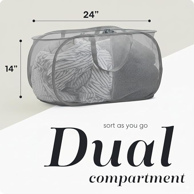 Foldable Laundry Basket - Popup and Collapsible, Durable Mesh Material, Folds for Storage, Easy Carry Handles - Great Hamper for College Dorm, Laundry Room or Travel (Black, 2-Compartments)