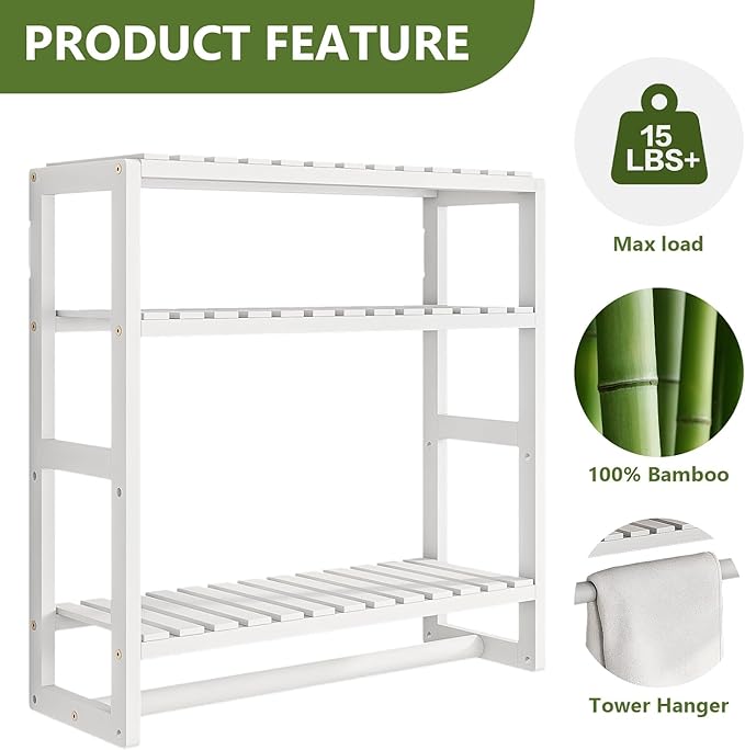 Over The Toilet Storage Bathroom Shelves Wall Mounted 3 Tier Space Saver Corner Shelf Organizer Bamboo Towel Rack Toilet Paper Cabinet with Hanging Rod White