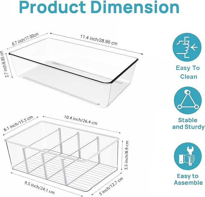 Set of 8 Pantry Organizers,2 Kinds Size Clear Plastic Organizer Bins for Kitchen,Fridge,Drawer Organization and Storage,4 compartment Snack Containers for Spice Packets,Tea bag