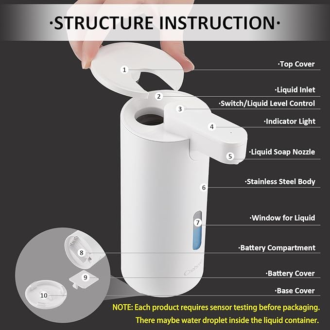 Automatic Soap Dispenser, Automatic Soap Dispenser Touchless, Kitchen & Bathroom, 3 Adjustable Volume for Liquid Soap, Water-Resistant, Hotel, Restaurant and School, Clog-Free, White