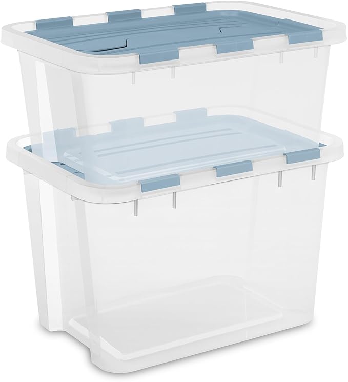 Sterilite 12 Pack Hinged Lid Storage Box, 30 Qt Plastic Container, Washed Blue - Home Organizer Tote for Storing Shoes, Crafts, Clothing, or Decor