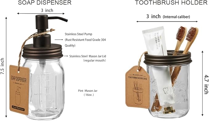 SheeChung Mason Jar Bathroom Accessories Set, 2Pcs Glass Bathroom Accessory Set, Soap Dispenser, Toothbrush Holder, Bathroom Decor, Rustic Farmhouse Decor - Bronze