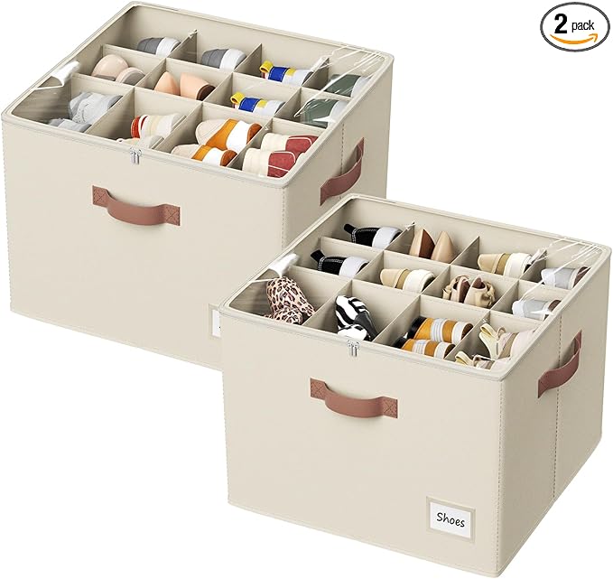 PHINOX Shoe Organizer for Closet, 2 Pack Fabric Shoe Organizer Storage Box, Shoe Storage Containers with Clear Cover, Closet Shoe Storage for Boots Sandals Slippers,Fits 16-32 Pairs, Beige