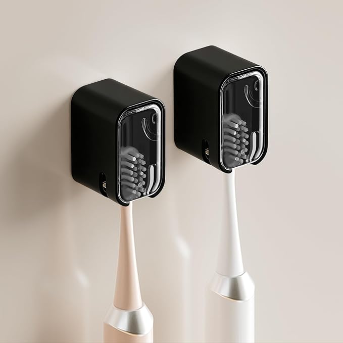 Wall Mounted Toothbrush Holders for Bathroom,Strong Self Adhesive Tooth Brush Holder with Cover, Toothbrush Heads Organizer for Family, 2 Pcs