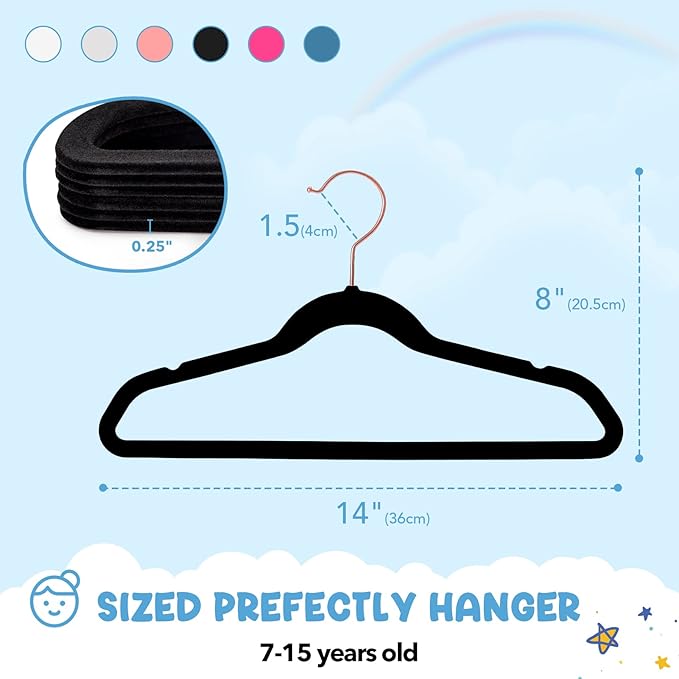 House Day Velvet Kids Hangers 60 Pack, Premium Children Hangers for Closet, Ultra Thin Cute Non Slip Kid Felt Clothes Hanger 14 Inch, Small Hanger for Toddler Clothes, Black