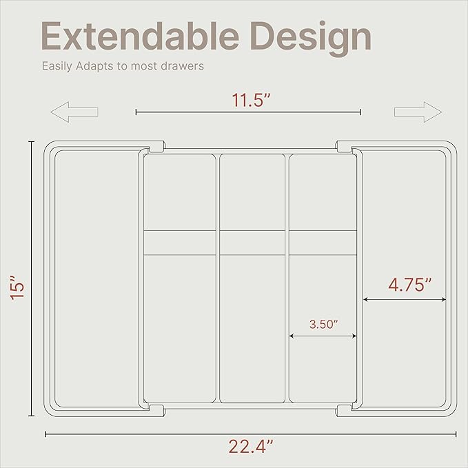 Gray Expandable Utensil Drawer Organizer 1 Pack, Adjustable 13” to 22.4”, 5 Compartment Silverware Organizer for Kitchen Utensils, Spatulas, Cutlery, and Tools, Easy to Clean, Durable, and BPA-Free