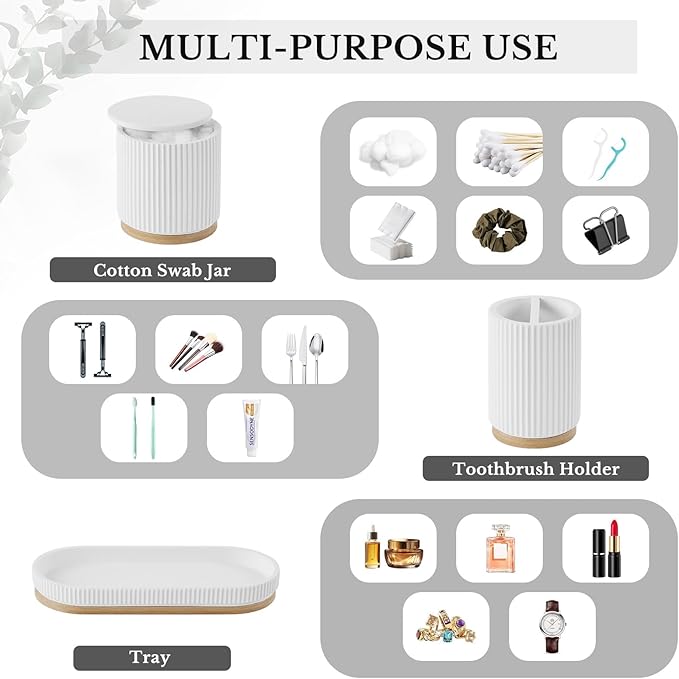 7PCS Bathroom Accessories Set, with Soap Dispenser, Q-tip Holder, Toothbrush Holder, Tumbler, Soap Dish, Vanity Tray, Complete Bathroom Accessory Set Organizer Countertop for Modern Home Decor, White