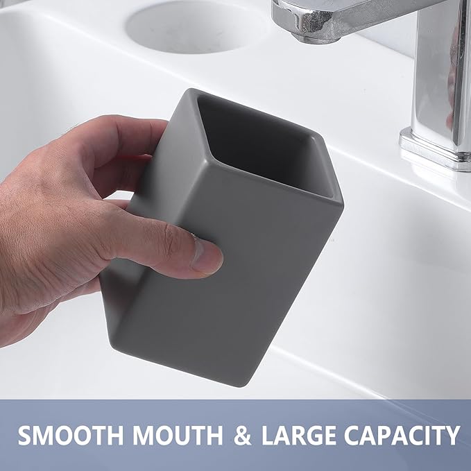 Grey Square Toothbrush Holders for Bathrooms - 2 Cups Ceramic Toothbrush Toothpaste Holders Set, White Square Bathroom Tumbler Cups Reusable Toothbrush Mouthwash Cup, Bathroom Counter Organizer.