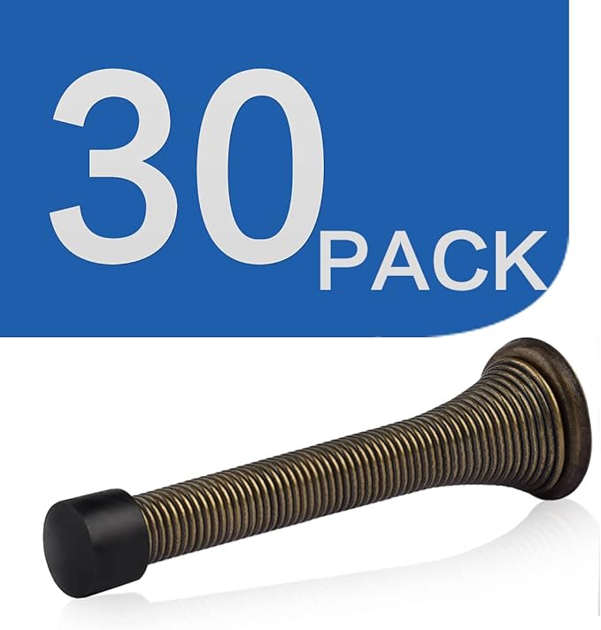 HOMOTEK 30 Pack Spring Door Stopper with Rubber Bumper 3-1/8" Flexible Spring Heavy Duty Wall Door Stop Low Mounted Door Bumper for Home (Antique Brass)
