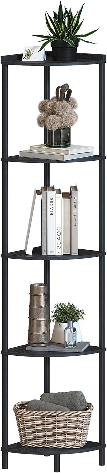 SUNMORY 5 Tier Corner Shelf Stand, Industrial 65" Corner Shelves Display Shelf for Living Room Decor, Wall Corner Bookshelf Multi Unit Organizer, Tall Shelf Plant Stand for Bedroom, Bathroom, Black