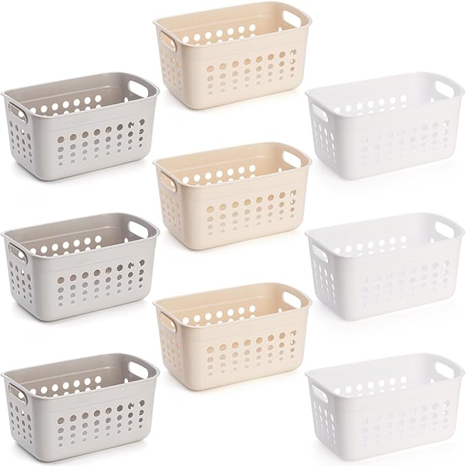 DEAYOU 9 Pack Plastic Storage Basket, Small Pantry Organizer Basket Bins, Rectangular Storage Tray Baskets Container with Handle for Shelf, Bathroom, Household, Desktop (Beige, White, Gray)