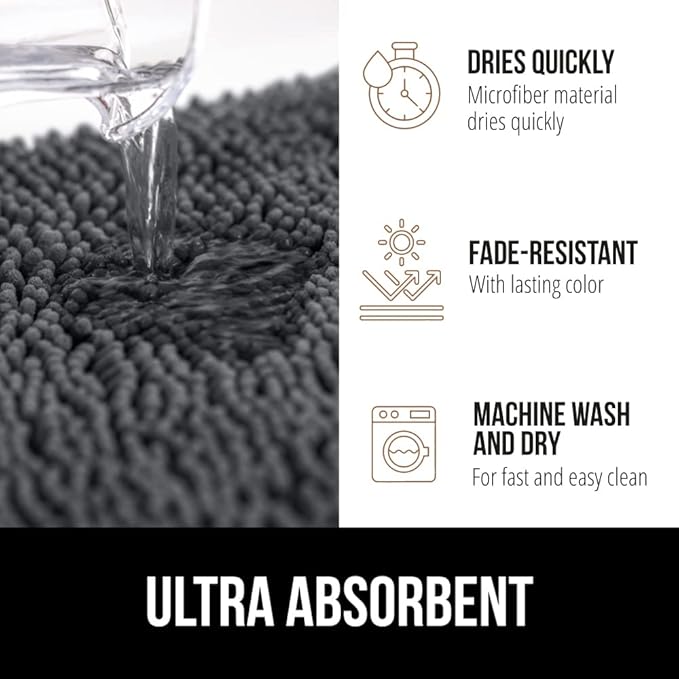 GORILLA GRIP Bath Rug Mat 60x24, Soft Absorbent Chenille, Quick Dry Microfiber Mats, Rubber Backing Washable Shower Floor Rugs, Bathmat Runner, US Designed Bathroom Home Decor Accessories Charcoal