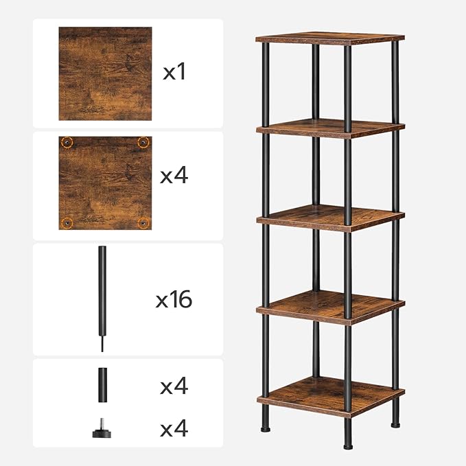 HOOBRO 5-Tier Corner Shelf Stand, Corner Square Rack Display Shelf, Tall Storage Plant Stand, Bookcase for Small Spaces, Living Room, Home Office, Kitchen, Rustic Brown and Black BF50CJ01