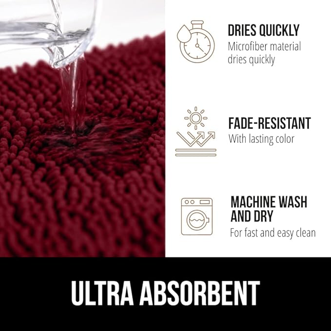 GORILLA GRIP Plush Absorbent Shaggy Chenille Bath Rug Mat for Oval Toilet Base with Rubber Backing, Machine Washable Rugs, Soft Microfiber Contour Mats for Toilets, Bathroom Decor, Burgundy