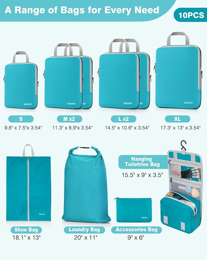 Gonex Compression Packing Cubes, 3pcs/4pcs Expandable Storage Travel Luggage Bags Organizers