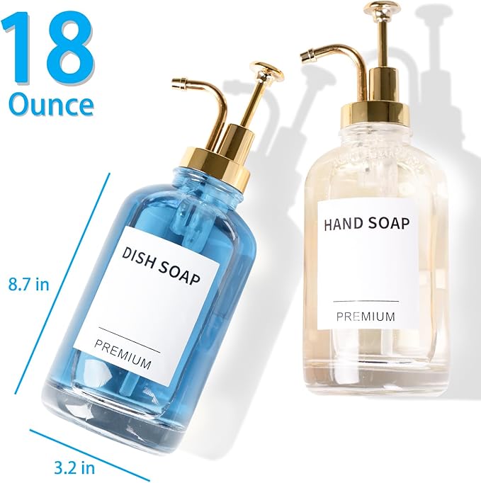 Dish Soap Dispenser for Kitchen, Hand Glass Soap Dispenser Set with Pump, Tray, Funnel for Bathroom, Shower, Laundry, Liquid, Lotion (Gold 2 Pack 18 Oz Clear Bottles with 12 Stickers)