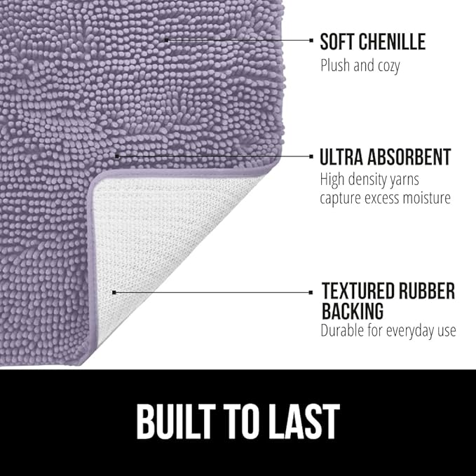 GORILLA GRIP Bath Rug Mat 30x20, Thick Soft Absorbent Chenille, Quick Dry Microfiber Mats, Rubber Backing Washable Shower Floor Rugs, US Designed Bathroom Bathmat Home Decor Accessories, Light Purple
