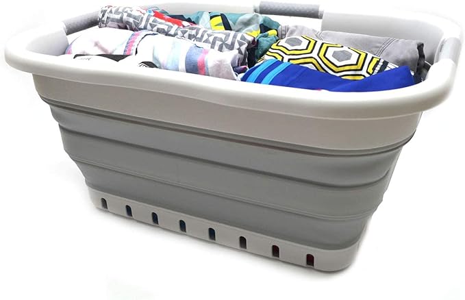 SAMMART 41L (10.8 gallon) Collapsible Plastic Laundry Basket - Foldable Pop Up Storage Container/Organizer - Portable Washing Tub - Space Saving Hamper/Basket (3 handled rectangular, Grey/Grey)