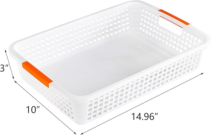 Lawei 8 Pack Large Plastic Storage Basket with Handle - 15 x 10 x 3 Inch Pantry Organizer Basket Bins Desktop Paper Storage Basket for Organization, Countertops, Cabinets, Bedrooms, Bathrooms