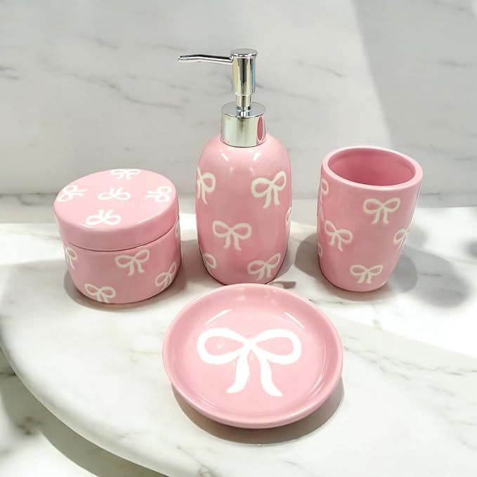 Bow Bathroom Set, 4 Pcs Ceramic Bathroom Accessory Sets - Soap Dispenser, Tumbler Toothbrush Holder, Vanity Soap Tray, Cotton Swab Jars - Pink Bathroom Decor Gift for Her (Pink)