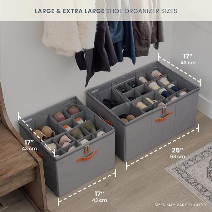 OrganiHaus Shoe Organizer for Closet and Entryway, Fits up to 16 Pairs, Large Shoe Storage Box, Collapsible Shoes Storage Bin, Shoes Container w/Reinforced Handles and Clear Cover - Gray