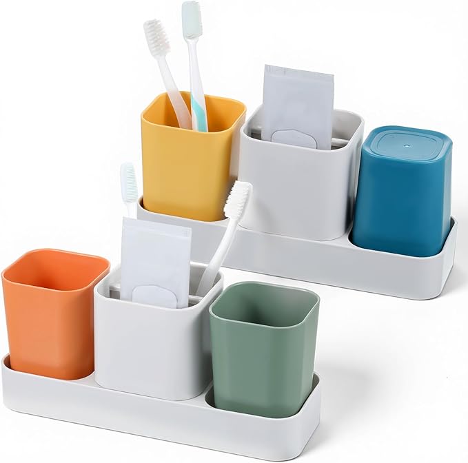 2 Set of Toothbrush Holder for Bathroom, Bathroom Organizer Storage Set with 2 Cups, Electric Toothbrush Toothpaste Holder and Bathroom Accessories Storage, Orange + Green and Blue + Yellow