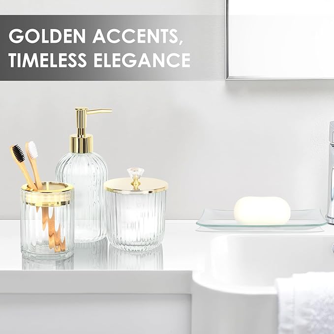 Designer Clear Glass Bathroom Accessories Sets - 4 Pcs with Lotion Soap Dispenser, Bathroom Toothbrush Holder, Vanity Tray, and Apothecary Jar, Vintage Bathroom Decor, Gift Countertop Organizer