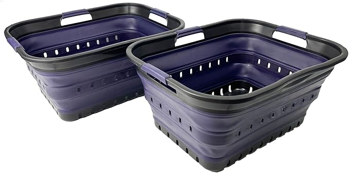 SAMMART 42 (11 Gallons) Collapsible Plastic Laundry Basket, Foldable Pop Up Storage Container/Organizer, Space Saving Hamper, Portable Bin for Dorm Room Bathroom (2, Black/Dark Purple)
