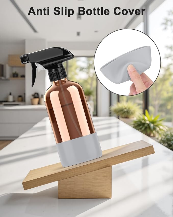 Amber Glass Spray Bottle with Silicone Sleeve Protection, 16 oz Refillable Spray Bottle for Cleaning Solutions, Plants, Aromatherapy, Facial Hydration (Grey Sleeve(Amber Bottle)
