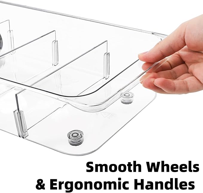 2 Pack Refrigerator Organizer Bin with Wheels, Roll Out Pantry Storage with Dividers, Clear Plastic Refrigerator Drawer, Upgrade Thick Fridge Caddy for Under Sink, Kitchen Organization