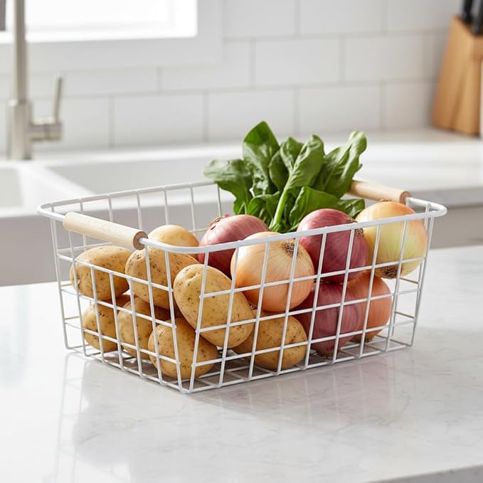 Metal Wire Food Storage Basket Organizer with Wooden Handles for Organizing Kitchen Cabinets 6 Pack (White, Medium)