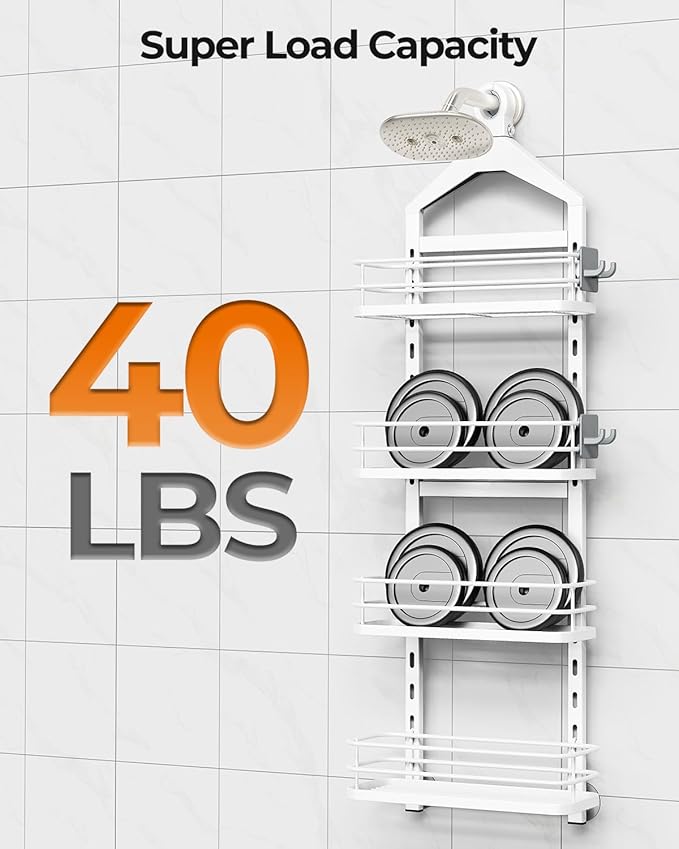 ODesign 4 Tier Height-Adjustable Shower Caddy Hanging Anti-Swing-Over The Shower Head Caddy-Storage Organizer Bathroom Shelves Basket-White