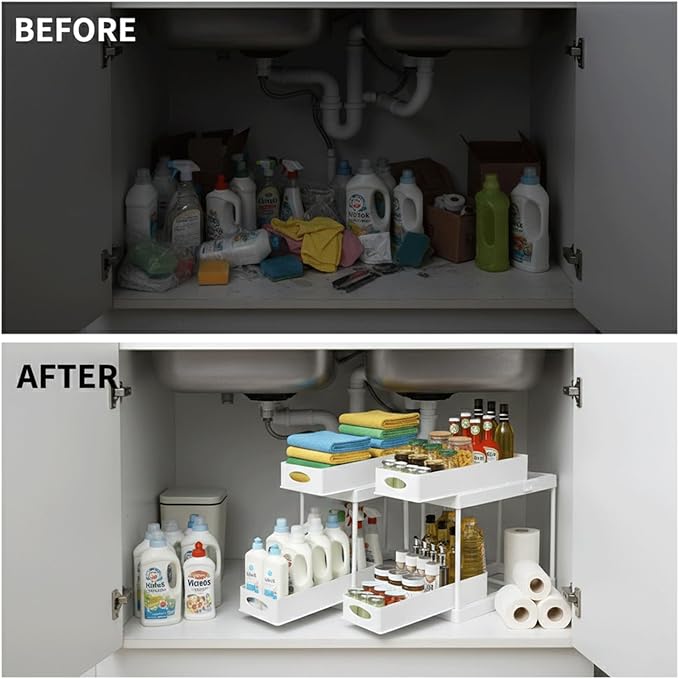 2 Pack Under Sink Organizer, Pull-Out Cabinet Storage Organizers for Bathroom & Kitchen, Multi-Purpose Under Counter Shelf Rack for Cleaning Supplies, Bottles & Toiletries, Cabinet Organizer (White)