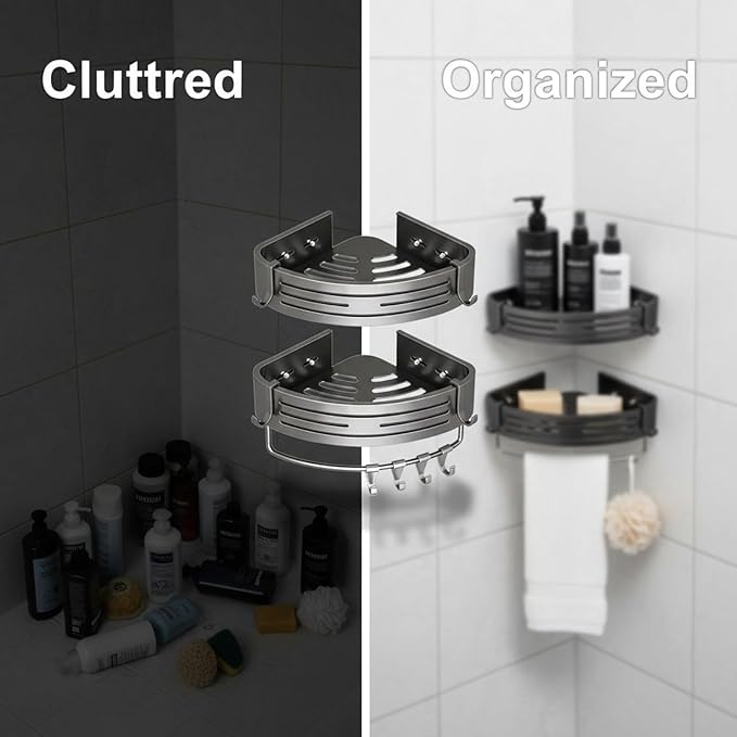2-Tier Corner Shower Caddy, No Drilling Shower Organizer with Towel Bar and Hooks, 11.8x8.9x2.6 in Adhesive Shower Shelf, Rustproof Aluminum Bathroom Corner Storage