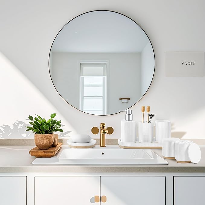 7PCS Bathroom Accessories Set, with Soap Dispenser, Q-tip Holder, Toothbrush Holder, Tumbler, Soap Dish, Vanity Tray, Complete Bathroom Accessory Set Organizer Countertop for Modern Home Decor, White