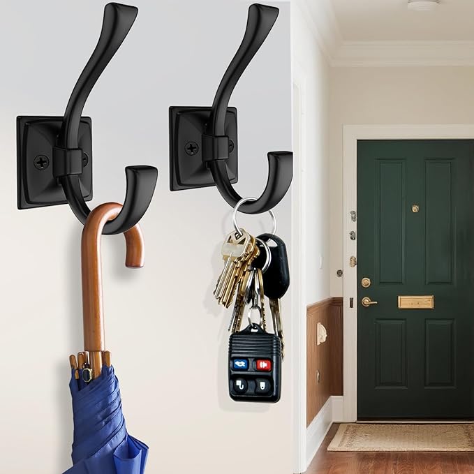 2 Pack Antique Black Coat Robe Hooks for Wall Hanging Hat, Key, Bag, Robe, Towel, Mudroom Hook Entrance Bathroom Door Decorative Heavy Duty Hats Hanger
