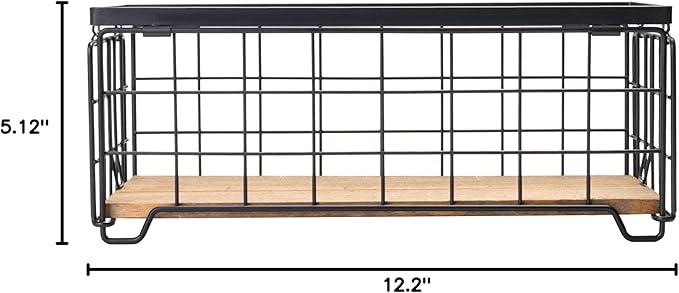 Metal Wire Storage Basket, Toilet Paper Roll Holder Wood Base Countertop Decor Box Toilet Tank Shelf Cabinet Organizer for Bathroom Pantry Garage Bedroom Livingroom - Black