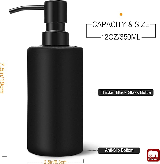 GMISUN Black Soap Dispenser, Hand Soap Dispenser for Bathroom, Dish Dispenser for Kitchen, 12 fl oz/350ml Glass Soap Bottle with Stainless Steel Pump, Modern Refillable Liquid Lotion Dispenser