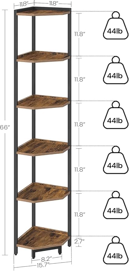 Corner Shelf Stand, Corner Bookshelf, Storage Standing Shelf Unit with Metal Frame, Plant Stand, Bookcase for Living Room, Home Office, Bedroom, 6-Tier Rustic Brown CS06001B