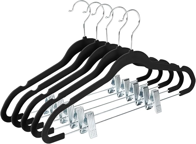 MIZGI Premium Velvet Pants Hangers with Clips (Pack of 30) Slim Skirt Hangers- Non Slip Felt Outfit Dress Hangers Black - Swivel Hooks,Space Saving Shirt Clothes Hangers