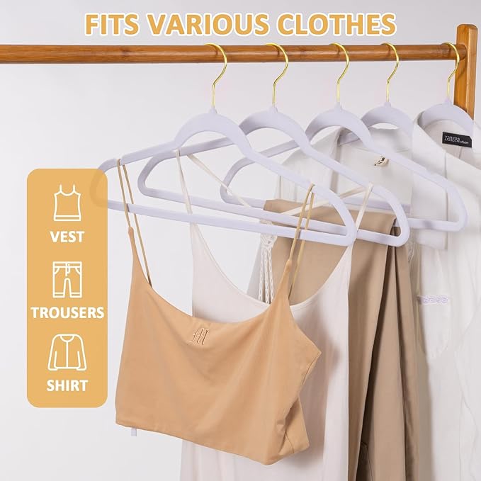 Velvet Hangers, Set of 60 Pack Clothes Hanger with 360° Swivel Gold Hook, Non-Slip, and Space-Saving, 0.2-Inch Thick, 17.7-Inch Long for Suit, Coat, Shirt, Dress, Pants - White