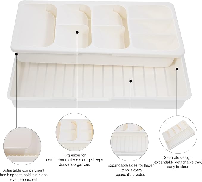Faridabio Kitchen Drawer Organizer Tray,Expandable Cutlery Silverware Organizer Storage Tray for Kitchen Drawer Flatware Spoons Forks,Creamy White