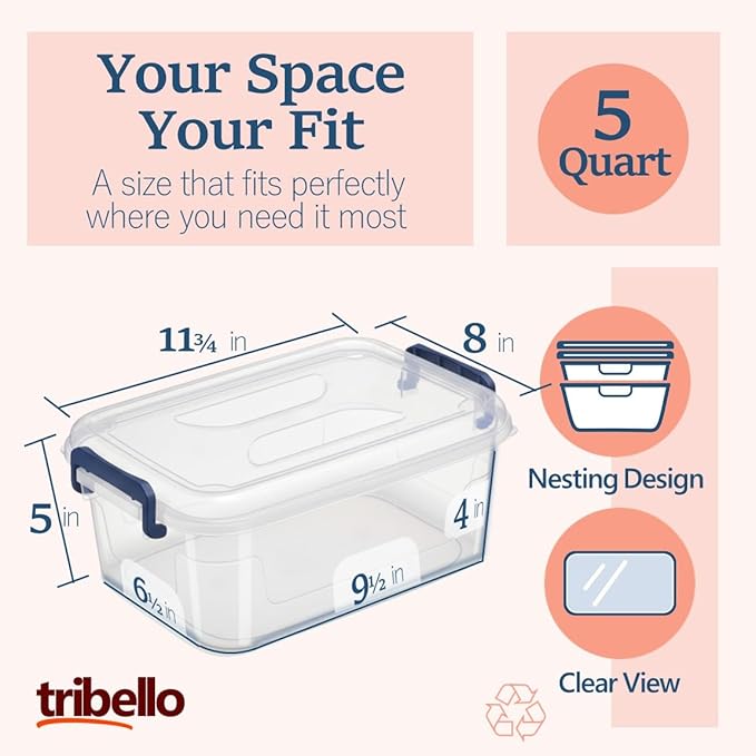 Tribello Small Storage Bins with Lids, Stackable Plastic Containers for Home Organization – Clear Totes for Closet and Underbed Storage, 5 Quarts