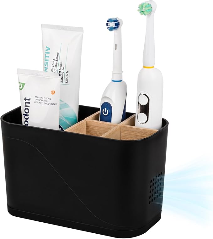 Toothbrush Holders for Bathrooms, Electric Tooth Brush Holder with Bamboo Dividers Kids Toothbrush and Toothpaste Organizer for Bathroom Countertop Accessories Storage, 5 Slots, Black