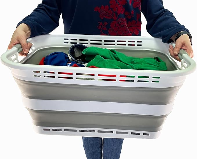 SAMMART 42L (11 Gallons) Collapsible Plastic Laundry Basket - Foldable Pop Up Storage Container/Organizer - Portable Washing Tub - Space Saving Hamper/Basket [BPA Free] (White/Grey)