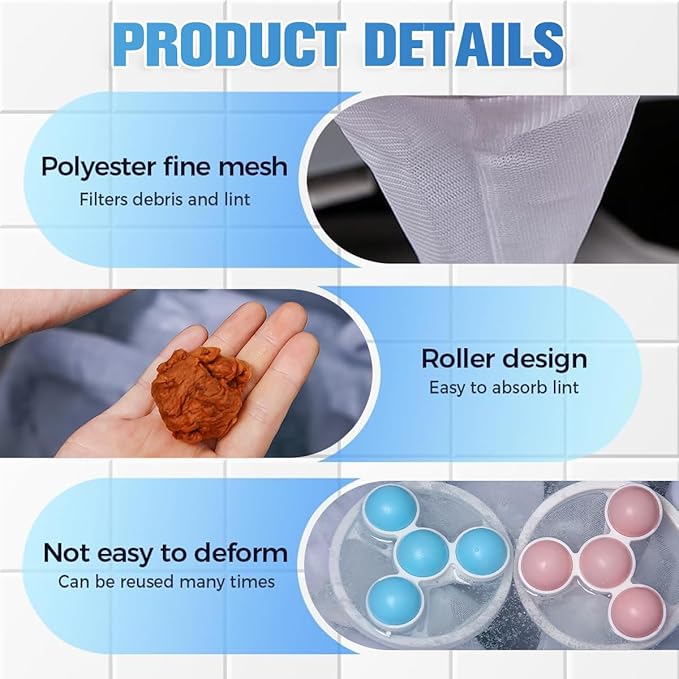 Sakerplus Washing Machine Hair Filter Mesh Bags, 4-Pack Reusable Floating Lint Catcher for Laundry, Drain Protector with Fast Hair & Debris Collection (3, Pink)