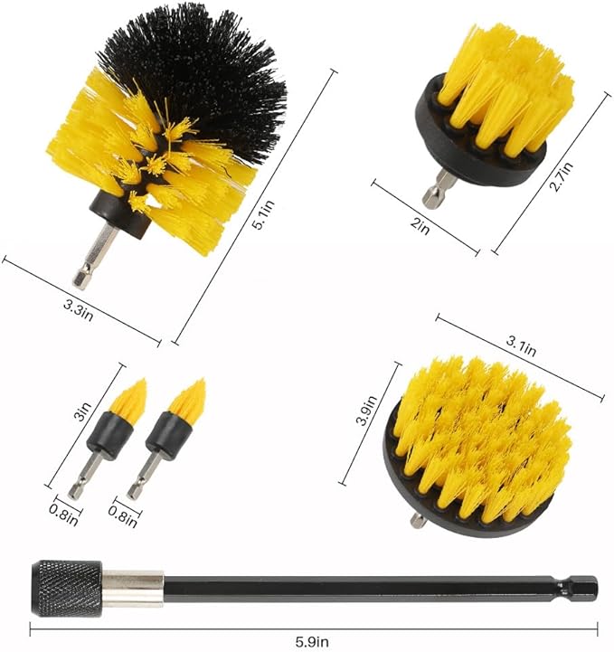 6Pcs Drill Brush Cleaning Kit for Shower & Bathtub - Yellow Power Scrubber Attachments with Extendable Rod, Multi-Surface Brush Set for Bathroom, Kitchen, Car (Yellow-6pcs)