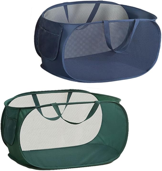 Rubruan 2 Piece Popup Mesh Laundry Basket Durable Handles Collapsible Laundry Baskets Folding Clothes Pastic Hamper for Laundry Room College Dorm (Navy Blue/Green)