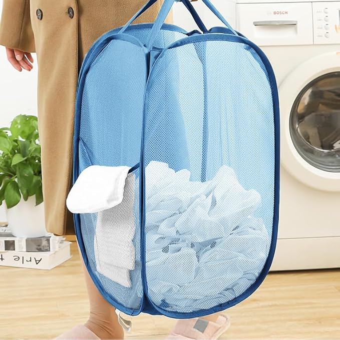 Mesh Pop Up Laundry Hamper, Collapsible Laundry Baskets, Foldable Dirty Clothes Hampers for Bathroom, College Dorm, Travel (Ash Blue)